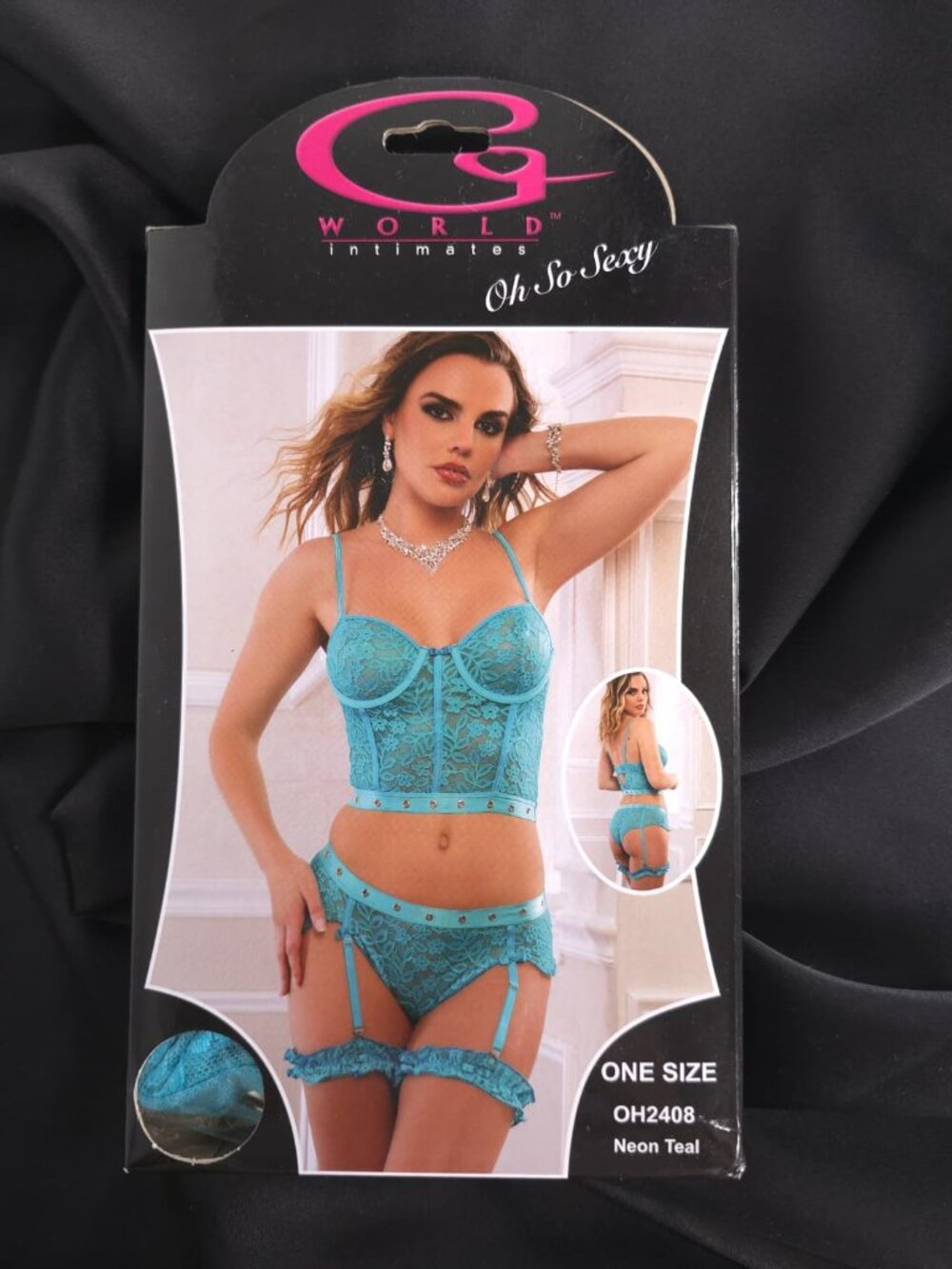 G World Intimates 3pc Studded Bustier Hiphugger Garter Set Teal One Size